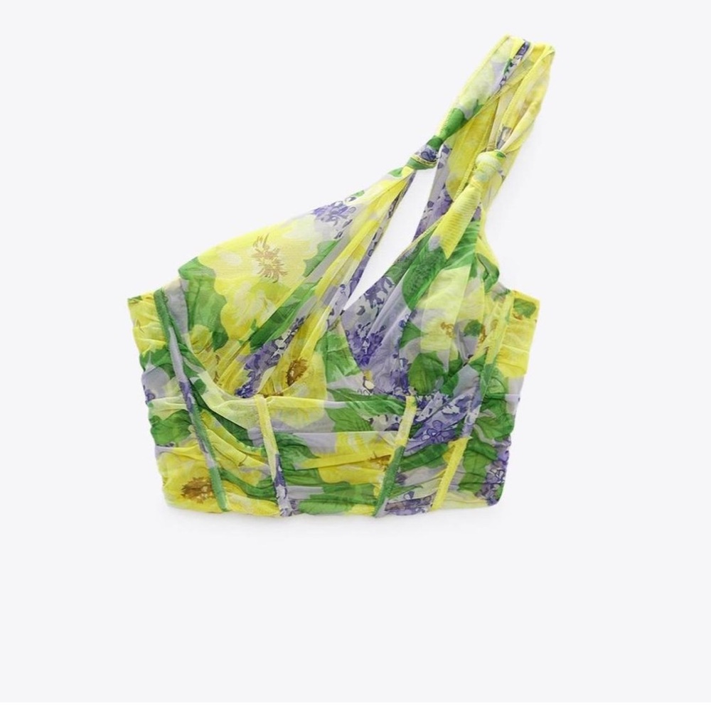 Zara Asymmetrical printed tulle corset top from Barcelona